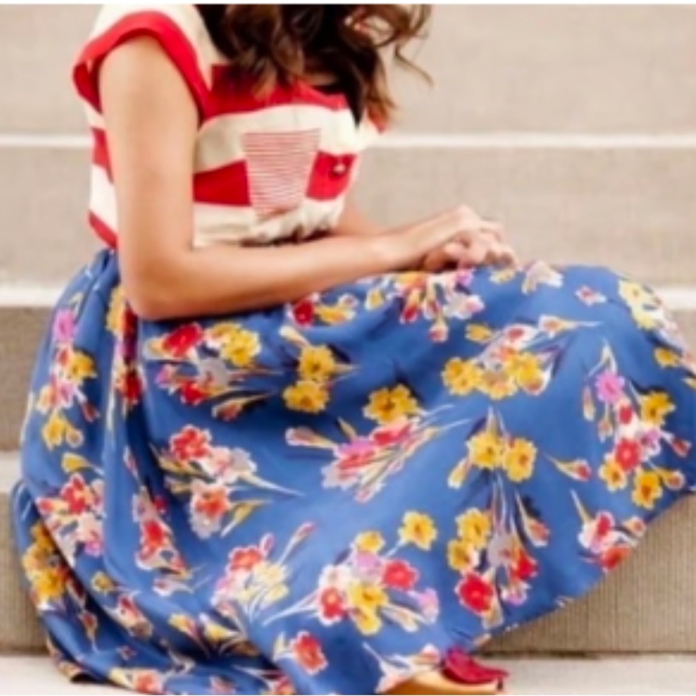 Anthropologie Edme Esyllte SILK Goldfield Blue Floral A-Line Midi Skirt Sz 6